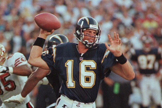 San Diego Chargers quarterback Ryan Leaf, the number two pick in this year's NFL draft, aims a pass downfield in his first game as professional Saturday Aug. 8, 1998 in San Diego. Leaf and the Chargers squared off against the San Francisco 49ers. The pass was complete for a nine yard gain to Mikhael Ricks. (AP Photo/Lenny Ignelzi)