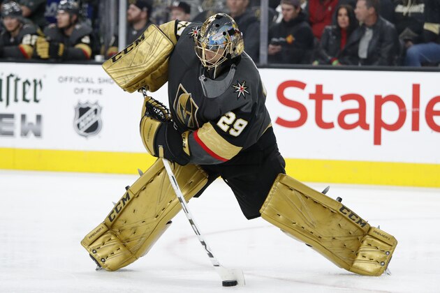 Vegas Golden Knights goaltender Marc-Andre Fleury (29) plays against the Los Angeles Kings during an NHL hockey game Sunday, March 1, 2020, in Las Vegas. (AP Photo/John Locher)