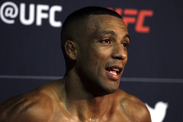In this Wednesday March 27, 2019, photo, UFC fighter Edson Barboza is interviewed after a workout in Philadelphia. Barboza fights Justin Gaethje in a lightweight bout in the main event of the UFC card in Philadelphia on March 30. The bout features two of the most ferocious kickers in the sport, who are both coming off wins following two straight losses. Gaethje viewed the fight as an elimination bout of sorts for each fighter to stay in the hunt for a championship match against Khabib Nurmagomedov. (AP Photo/Jacqueline Larma)