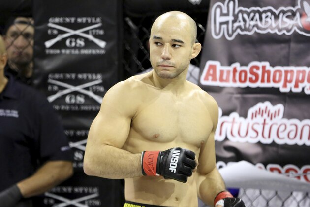 Marlon Moraes is seen before a fight against Josinaldo Silva in their WSOF bantamweight title fight at the Theater at Madison Square Garden in New York on Saturday, December 31, 2016. Moraes won via first round stoppage. (AP Photo/Gregory Payan)