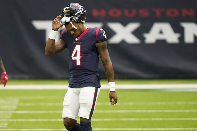 Houston Texans quarterback Deshaun Watson (4) walks off of the field during the first half of an NFL football game against the Minnesota Vikings, Sunday, Oct. 4, 2020, in Houston. (AP Photo/David J. Phillip)