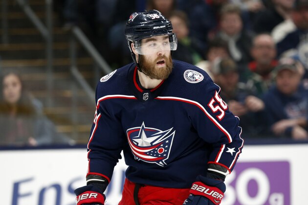 Columbus Blue Jackets defenseman David Savard is seen against the Minnesota Wild during an NHL hockey game in Columbus, Ohio, Friday, Feb. 28, 2020. The Wild won 5-0. (AP Photo/Paul Vernon)