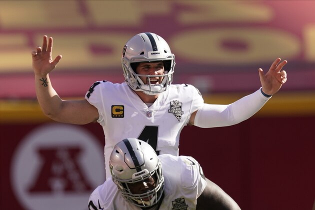 Las Vegas Raiders quarterback Derek Carr (4) signals against the Kansas City Chiefs during the second half of an NFL football game, Sunday, Oct. 11, 2020, in Kansas City. (AP Photo/Charlie Riedel)