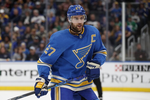St. Louis Blues' Alex Pietrangelo in action during the third period of an NHL hockey game against the Dallas Stars Saturday, Feb. 8, 2020, in St. Louis. (AP Photo/Jeff Roberson)