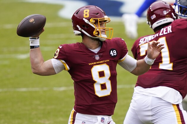 Washington Football Team quarterback Kyle Allen thorws during the first half of an NFL football game against the Los Angeles Rams Sunday, Oct. 11, 2020, in Landover, Md. (AP Photo/Susan Walsh)