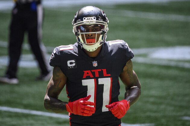 Atlanta Falcons wide receiver Julio Jones (11) lines up during the first half of an NFL football game against the Seattle Seahawks, Sunday, Sept. 13, 2020, in Atlanta. The Seattle Seahawks won 38-25. (AP Photo/Danny Karnik)