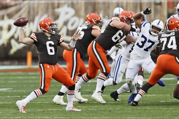 Cleveland Browns quarterback Baker Mayfield (6) throws during the first half of an NFL football game against the Indianapolis Colts, Sunday, Oct. 11, 2020, in Cleveland. (AP Photo/Ron Schwane)