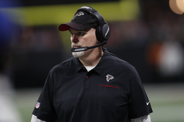 Atlanta Falcons head coach Dan Quinn walks the sidelines during the second half of an NFL football game against the Jacksonville Jaguars, Sunday, Dec. 22, 2019, in Atlanta. (AP Photo/John Bazemore)