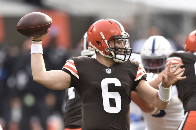 Cleveland Browns quarterback Baker Mayfield throws during the first half of an NFL football game against the Indianapolis Colts, Sunday, Oct. 11, 2020, in Cleveland. (AP Photo/David Richard)