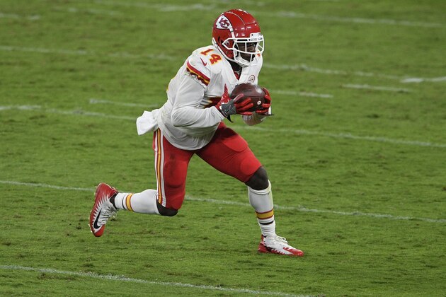 Kansas City Chiefs wide receiver Sammy Watkins (14) in action during the first half of an NFL football game against the Baltimore Ravens, Monday, Sept. 28, 2020, in Baltimore. (AP Photo/Nick Wass)