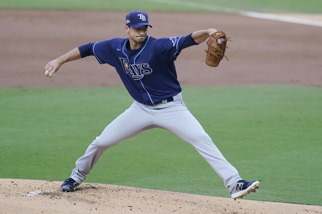 Tampa Bay Rays starting pitcher Charlie Morton (50) throws against the New York Yankees during the first inning in Game 3 of a baseball American League Division Series, Wednesday, Oct. 7, 2020, in San Diego. (AP Photo/Gregory Bull)