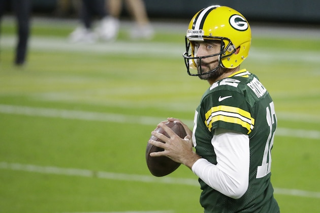 Green Bay Packers quarterback Aaron Rodgers prepares to throw before an NFL football game against the Atlanta Falcons, Monday, Oct. 5, 2020, in Green Bay, Wis. (AP Photo/Mike Roemer)