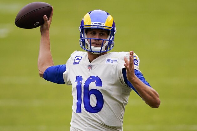 Los Angeles Rams quarterback Jared Goff throws before an NFL football game against the Washington Football Team Sunday, Oct. 11, 2020, in Landover, Md. (AP Photo/Susan Walsh)