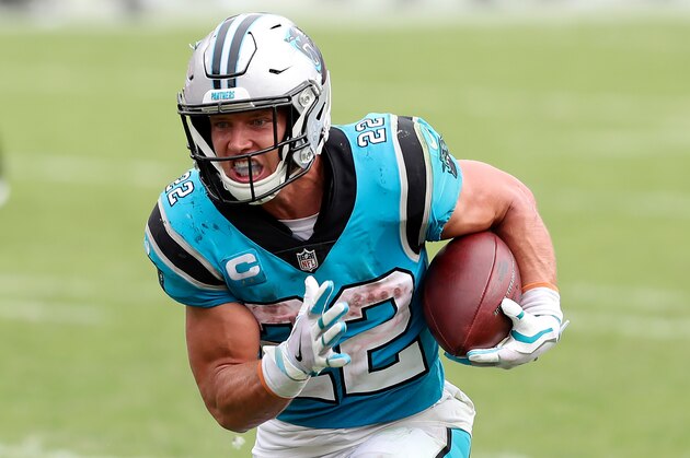 Carolina Panthers running back Christian McCaffrey (22) rushes for a touchdown against the Tampa Bay Buccaneers during the second half of an NFL football game Sunday, Sept. 20, 2020, in Tampa, Fla. (AP Photo/Mark LoMoglio)