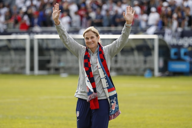 United States head coach Jill Ellis waves to the crowd as she leaves the field after an international friendly soccer match between the United States and South Korea, Sunday, Oct. 6, 2019, in Chicago. (AP Photo/Kamil Krzaczynski)
