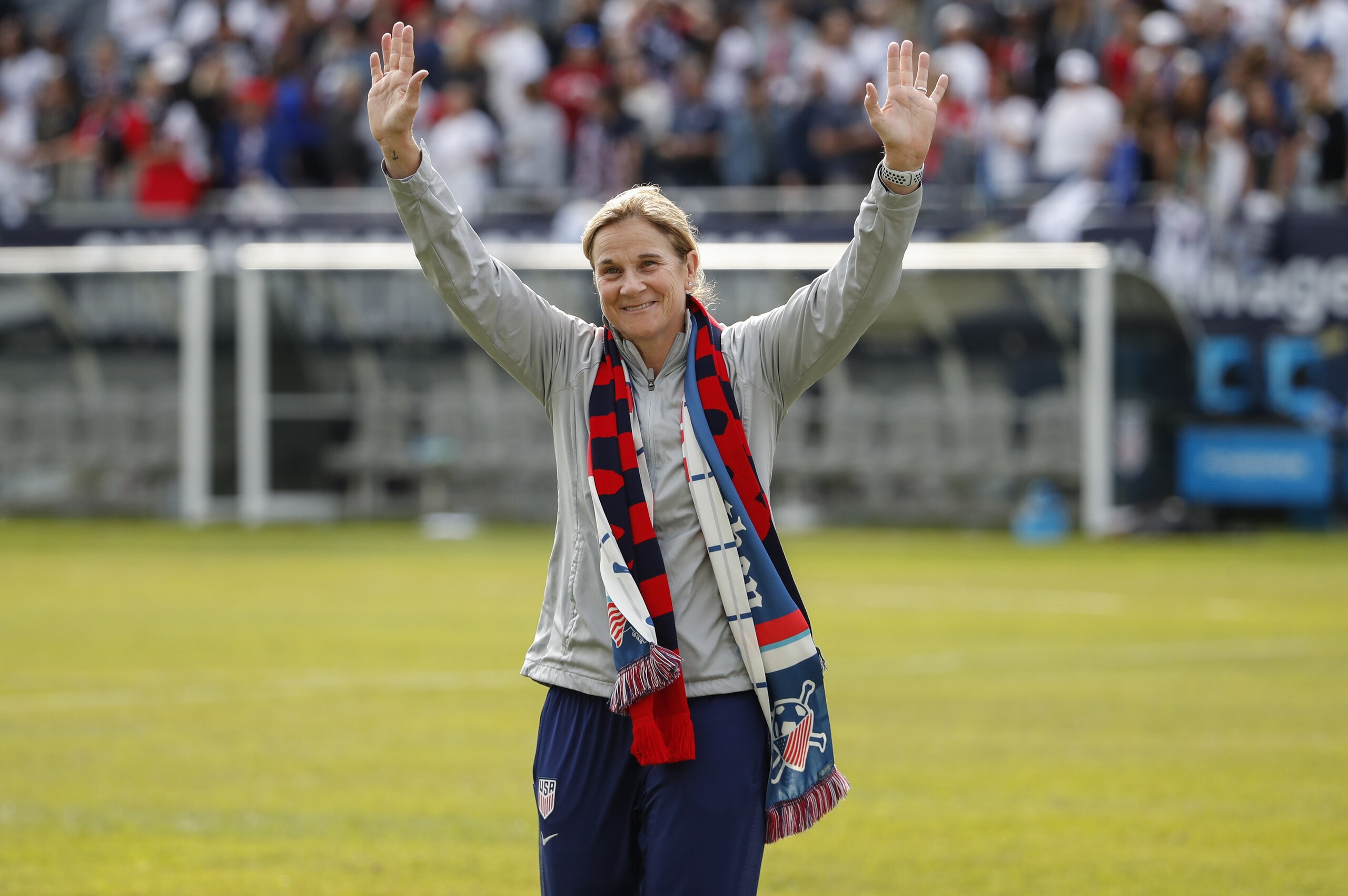 United States head coach Jill Ellis waves to the crowd as she leaves the field after an international friendly soccer match between the United States and South Korea, Sunday, Oct. 6, 2019, in Chicago. (AP Photo/Kamil Krzaczynski)