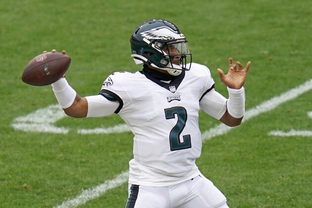 Philadelphia Eagles quarterback Jalen Hurts (2) throws a pass during the second half of an NFL football game, Sunday, Oct. 11, 2020, in Pittsburgh. (AP Photo/Keith Srakocic)