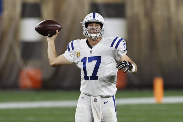 Indianapolis Colts quarterback Philip Rivers (17) throws a pass against the Cleveland Browns during the second half of an NFL football game, Sunday, Oct. 11, 2020, in Cleveland. (AP Photo/Ron Schwane)