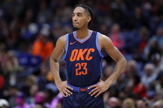 Oklahoma City Thunder guard Terrance Ferguson (23) during the first half of an NBA basketball game in New Orleans, Thursday, Feb. 14, 2019. (AP Photo/Tyler Kaufman)