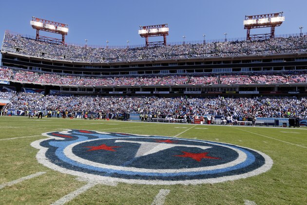 The Tennessee Titans logo is seen on the field before an NFL football game between the Tennessee Titans and the New England Patriots on Sunday, Sept. 9, 2012, in Nashville, Tenn. (AP Photo/Joe Howell)