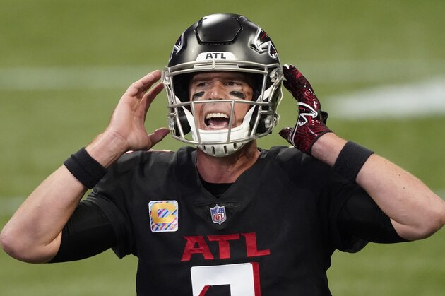 Atlanta Falcons quarterback Matt Ryan (2) works against the Carolina Panthers during the second half of an NFL football game, Sunday, Oct. 11, 2020, in Atlanta. (AP Photo/John Bazemore)