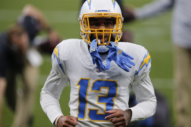 Los Angeles Chargers wide receiver Keenan Allen (13) warms up before an NFL football game against the New Orleans Saints in New Orleans, Monday, Oct. 12, 2020. (AP Photo/Brett Duke) Los Angeles Chargers wide receiver Keenan Allen (13) warms up before an NFL football game against the New Orleans Saints in New Orleans, Monday, Oct. 12, 2020. (AP Photo/Brett Duke)