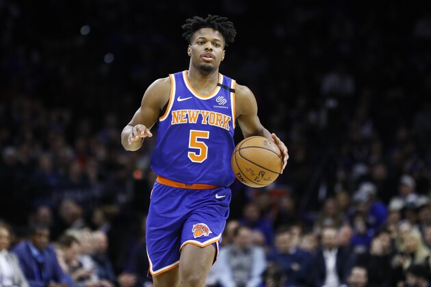 New York Knicks' Dennis Smith Jr. plays during an NBA basketball game against the Philadelphia 76ers, Thursday, Feb. 27, 2020, in Philadelphia. (AP Photo/Matt Slocum)