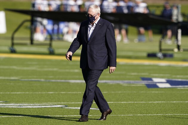 Dallas Cowboys owner Jerry Jones walks the field during a visit to watch NFL football practice in Frisco, Texas, Friday, Aug. 21, 2020. (AP Photo/LM Otero)