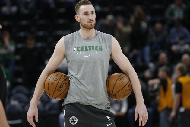 Boston Celtics forward Gordon Hayward warms-up before the start of their NBA basketball game against the Utah Jazz Wednesday, Feb. 26, 2020, in Salt Lake City. (AP Photo/Rick Bowmer)