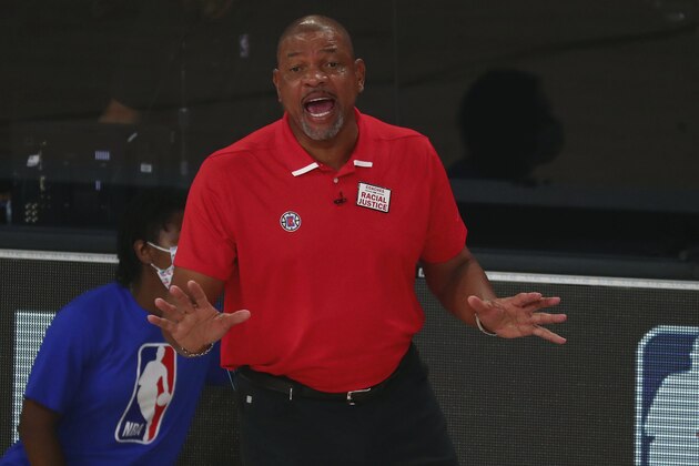 Los Angeles Clippers coach Doc Rivers reacts during the first half of Game 1 of the team's NBA basketball first-round playoff series against the Dallas Mavericks, Monday, Aug. 17, 2020, in Lake Buena Vista, Fla. (Kim Klement/Pool Photo via AP)