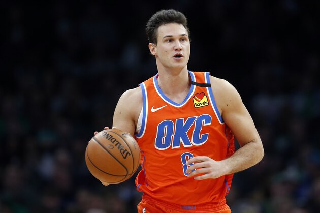 Oklahoma City Thunder's Danilo Gallinari plays against the Boston Celtics during an NBA basketball game, Sunday, March, 8, 2020, in Boston. (AP Photo/Michael Dwyer)