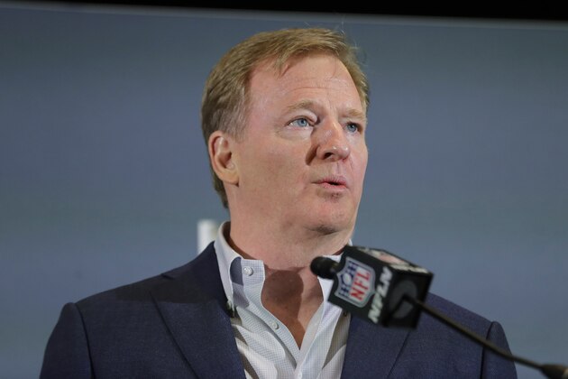 FILE - In this Feb. 3, 2020 file photo NFL Commissioner Roger Goodell speaks during a news conference in Miami. The NFL has set protocols for reopening team facilities and has told the 32 teams to have them in place by May 15. In a memo sent by Goodell and obtained Wednesday, May 6, 2020 by The Associated Press, several phases of the protocols were laid out. The first phase would involve a limited number of non-player personnel, initially 50 percent of the non-player employees (up to a total of 75) on any single day, being approved to be at the facility. But state or local regulations could require a lower number. (AP Photo/Brynn Anderson, file)