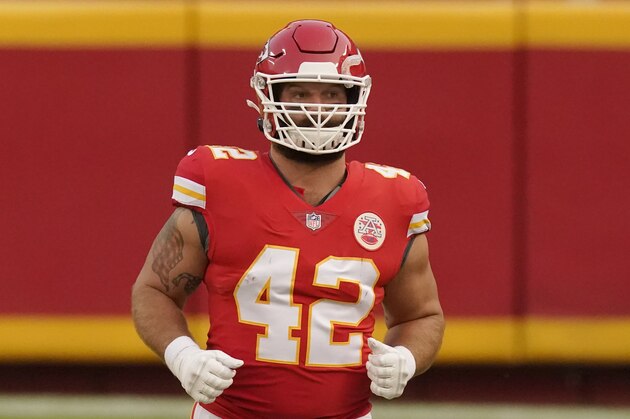 Kansas City Chiefs fullback Anthony Sherman runs onto the field during the first half of an NFL football game against the New England Patriots, Monday, Oct. 5, 2020, in Kansas City. (AP Photo/Charlie Riedel)