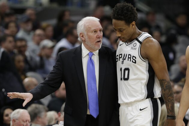 San Antonio Spurs head coach Gregg Popovich, left, talks with forward DeMar DeRozan (10) during the second half of an NBA basketball game against the Utah Jazz in San Antonio, Wednesday, Jan. 29, 2020. (AP Photo/Eric Gay) San Antonio Spurs head coach Gregg Popovich, left, talks with forward DeMar DeRozan (10) during the second half of an NBA basketball game against the Utah Jazz in San Antonio, Wednesday, Jan. 29, 2020. (AP Photo/Eric Gay)