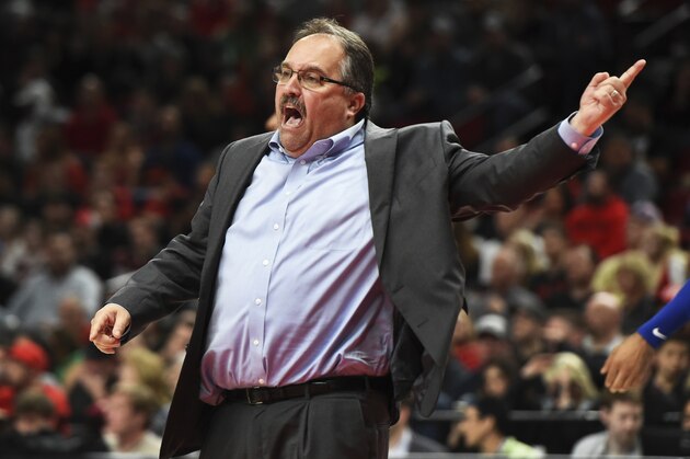 Detroit Pistons coach Stan Van Gundy yells to the officials after the Pistons were called for a technical foul during the second half of an NBA basketball game against the Portland Trail Blazers in Portland, Ore., Saturday, March 17, 2018. The Blazers won 100-87. (AP Photo/Steve Dykes)