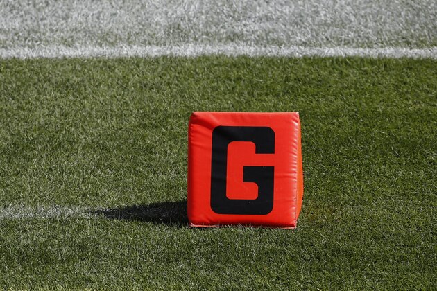A detail view of the goal line marker is seen before an NFL football game between the Chicago Bears and Indianapolis Colts, Sunday, Oct. 4, 2020, in Chicago. (AP Photo/Kamil Krzaczynski)