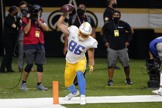 Los Angeles Chargers tight end Hunter Henry (86) celebrates his touchdown reception in the first half of an NFL football game against the New Orleans Saints in New Orleans, Monday, Oct. 12, 2020. (AP Photo/Brett Duke)