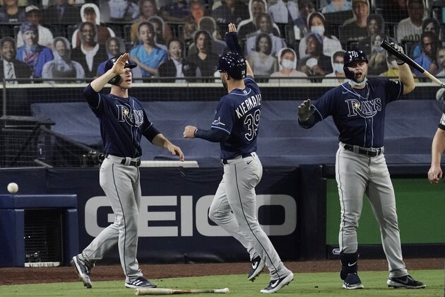 Tampa Bay Rays' Kevin Kiermaier (39) celebrates after scoring on the a double by Hunter Renfroe during the sixth inning in Game 3 of a baseball American League Championship Series against the Houston Astros, Tuesday, Oct. 13, 2020, in San Diego. (AP Photo/Jae C. Hong)
