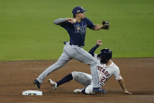 Tampa Bay Rays shortstop Willy Adames throws to first on an attempted double play as Houston Astros' Jose Altuve slides into second base during the third inning in Game 3 of a baseball American League Championship Series, Tuesday, Oct. 13, 2020, in San Diego. Houston Astros' Michael Brantley was safe at first. (AP Photo/Gregory Bull)