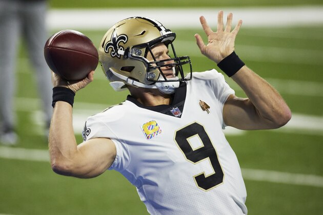 New Orleans Saints quarterback Drew Brees (9) warms up against the Detroit Lions during an NFL football game in Detroit, Sunday, Oct. 4, 2020. (AP Images/Rick Osentoski)