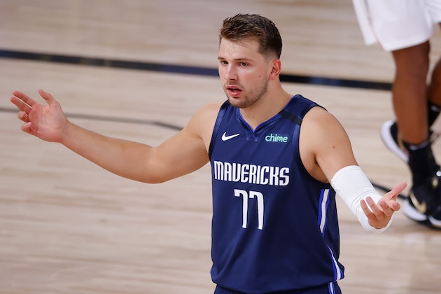 Dallas Mavericks' Luka Doncic reacts in Game 4 of an NBA basketball first-round playoff series against the Los Angeles Clippers, Sunday, Aug. 23, 2020, in Lake Buena Vista, Fla. (Kevin C. Cox/Pool Photo via AP)