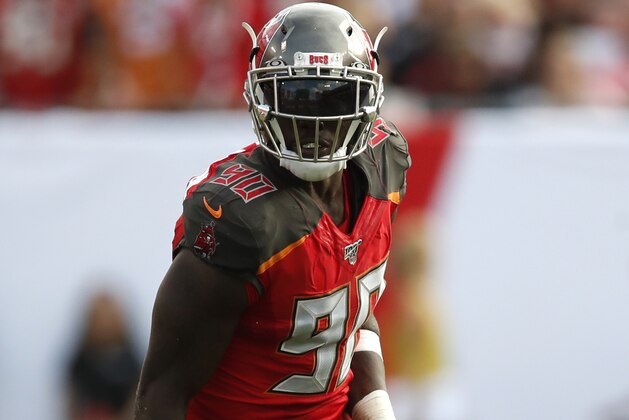 Tampa Bay Buccaneers linebacker Jason Pierre-Paul (90) lines up against the Atlanta Falcons during an NFL football game Sunday, Dec. 29, 2019, in Tampa, Fla. The Falcons won the game 28-22 in overtime. (Jeff Haynes/AP Images for Panini)
