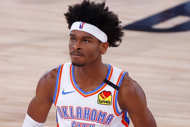 Oklahoma City Thunder's Shai Gilgeous-Alexander reacts to a shot during the third quarter of Game 2 of an NBA basketball first-round playoff series against the Houston Rockets', Thursday, Aug. 20, 2020, in Lake Buena Vista, Fla. (Kevin C. Cox/Pool Photo via AP) Oklahoma City Thunder's Shai Gilgeous-Alexander reacts to a shot during the third quarter of Game 2 of an NBA basketball first-round playoff series against the Houston Rockets', Thursday, Aug. 20, 2020, in Lake Buena Vista, Fla. (Kevin C. Cox/Pool Photo via AP)