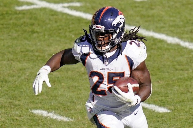 Denver Broncos running back Melvin Gordon (25) plays against the Pittsburgh Steelers during an NFL football game, Sunday, Sept. 20, 2020, in Pittsburgh. (AP Photo/Keith Srakocic)