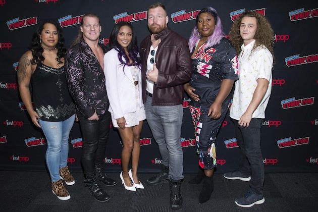 FILE - In this Friday, Oct. 4, 2019, file photo, Nyla Rose, from left, Chris Jericho, Brandi Rhodes, Jon Moxley, Awesome Kong and Jungle Boy attend New York Comic Con to promote TNT's