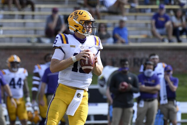 LSU quarterback Myles Brennan looks to pass during the second half of an NCAA college football game against Missouri Saturday, Oct. 10, 2020, in Columbia, Mo. Missouri upset LSU 45-41. (AP Photo/L.G. Patterson)