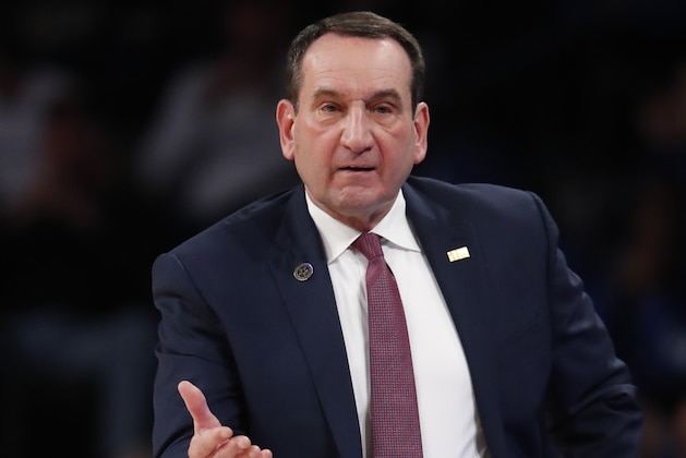 Duke head coach Mike Krzyzewski is shown against Georgia Tech in the first half of an NCAA college basketball game Wednesday, Jan. 8, 2020, in Atlanta. (AP Photo/John Bazemore)