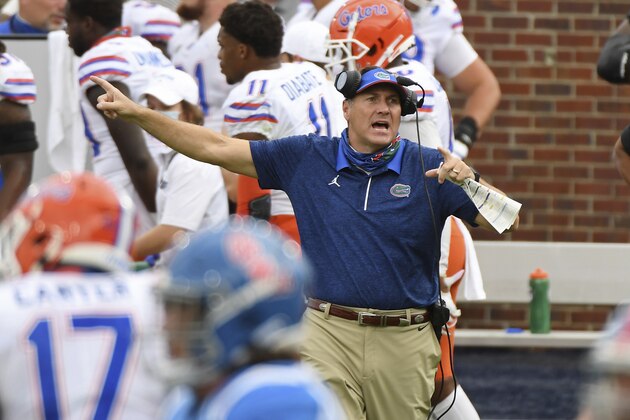 Florida head coach Dan Mullen reacts during the second half of an NCAA college football game against Mississippi in Oxford, Miss., Saturday, Sept. 26, 2020. No. 5 Florida won 51-35. (AP Photo/Thomas Graning)
