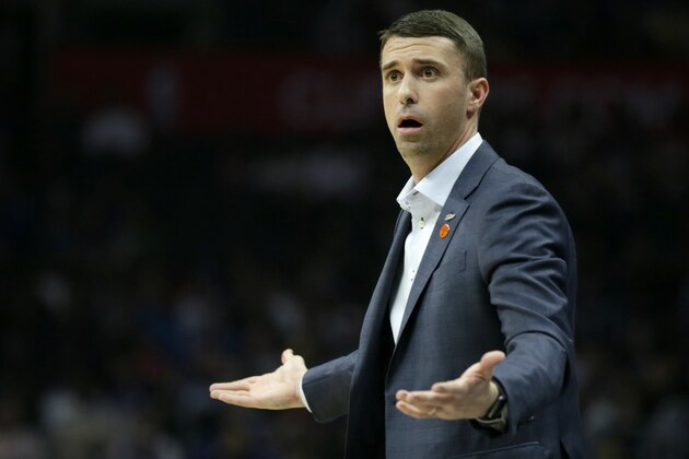 Minnesota Timberwolves head coach Ryan Saunders reacts to a referee's call during the first half of an NBA basketball game against the Los Angeles Clippers in Los Angeles, Saturday, Feb. 1, 2020. (AP Photo/Alex Gallardo)