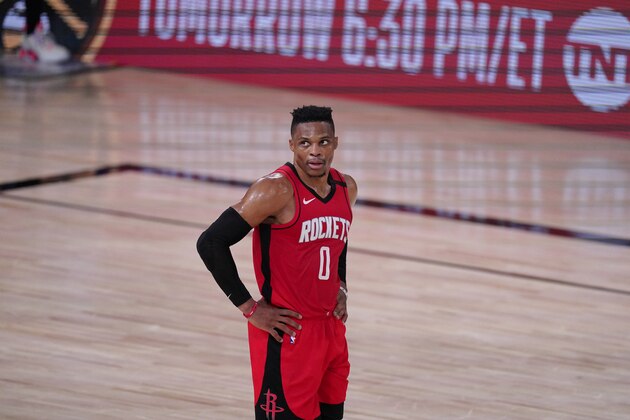 Houston Rockets' Russell Westbrook (0) looks up during the second half of an NBA conference semifinal playoff basketball game against the Los Angeles Lakers Thursday, Sept. 10, 2020, in Lake Buena Vista, Fla. The Lakers won 110-100. (AP Photo/Mark J. Terrill)